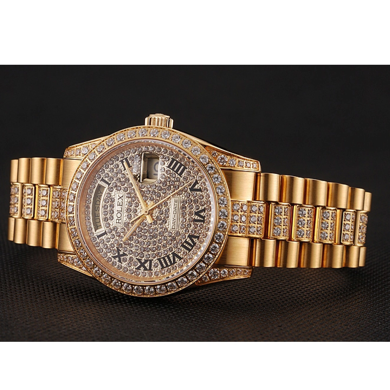 Aaa replica Swiss Diamond 1453956 Gold Bracelet Diamond Pave Day-Date Rolex Dial 0731